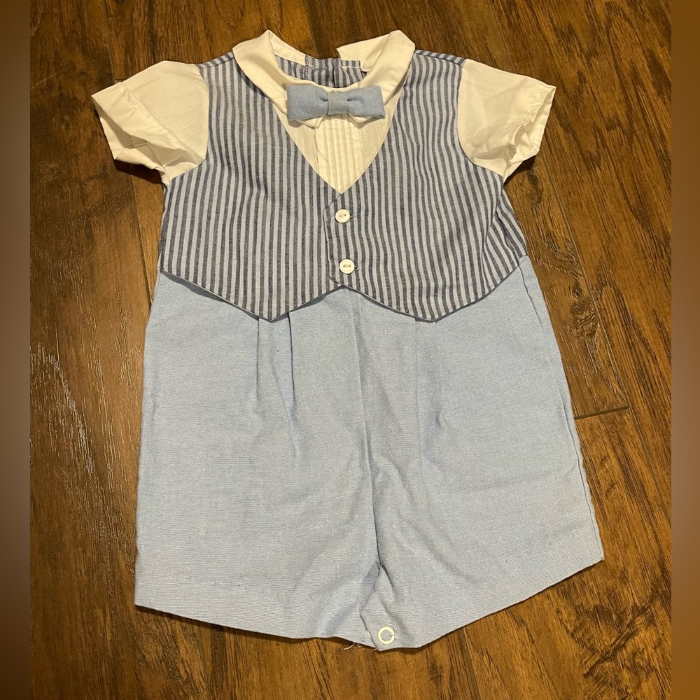 Blue gentlemen button up shirt & vest with shorts one piece dress suit vintage